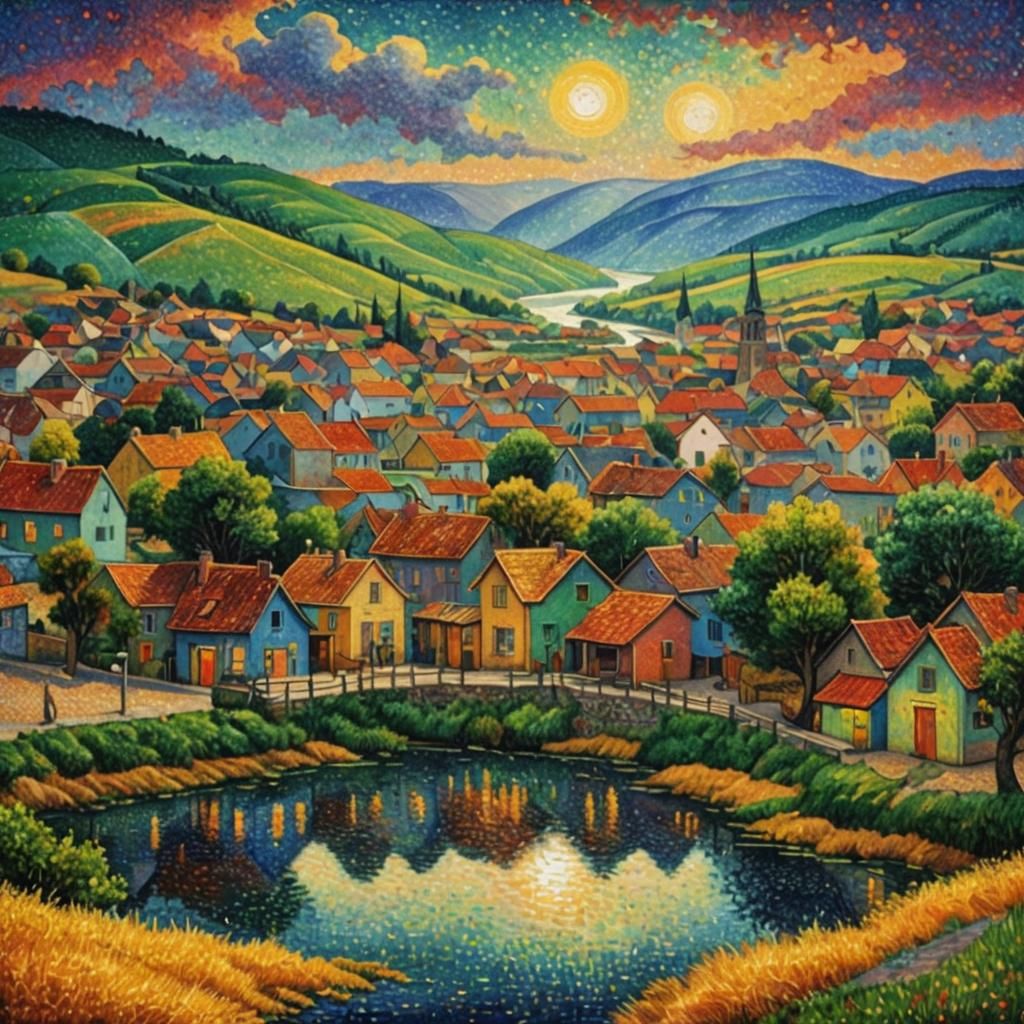 Pointillist River Town Painting in Van Gogh Style