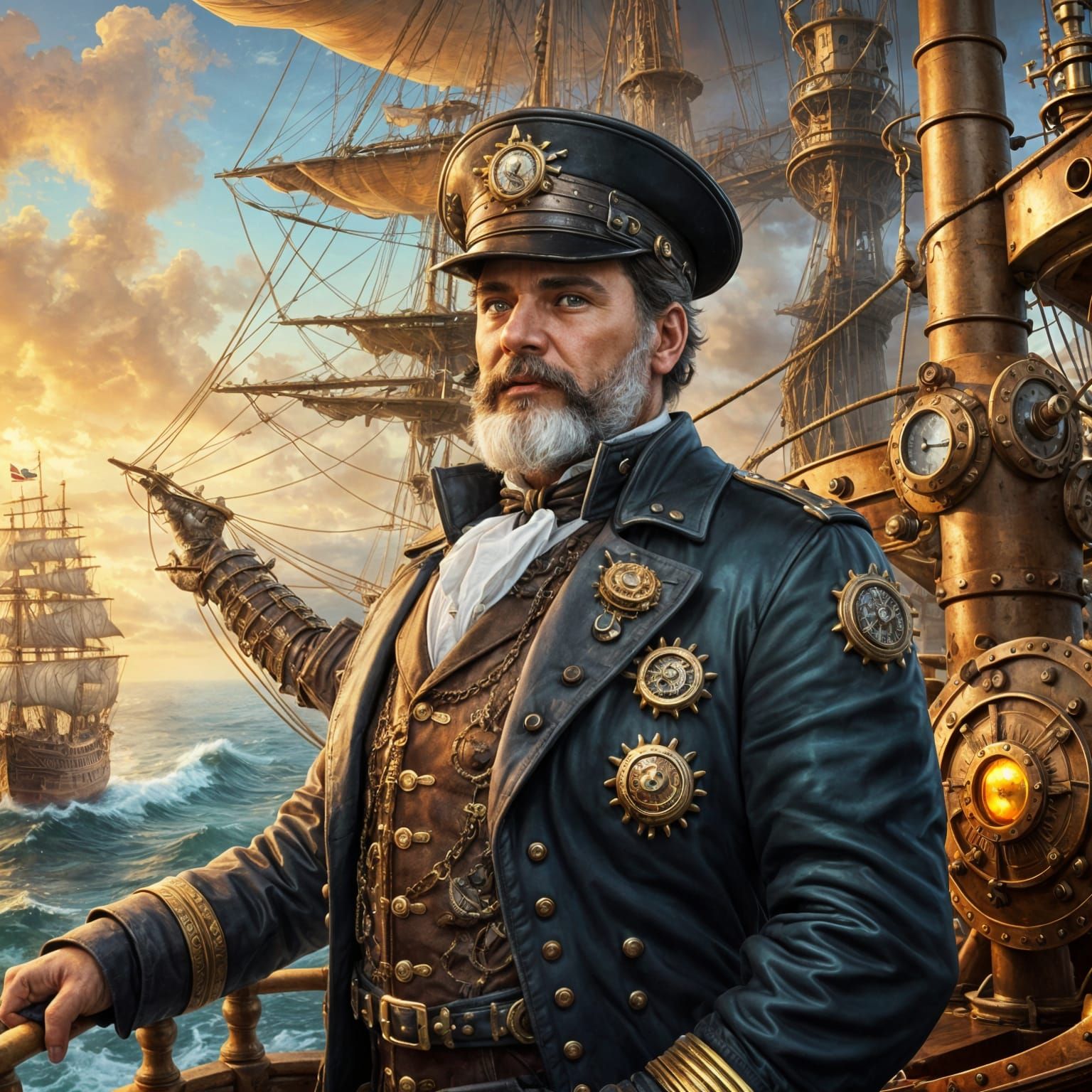 Steampunk Captain Overlooking Ocean in Ethereal Style