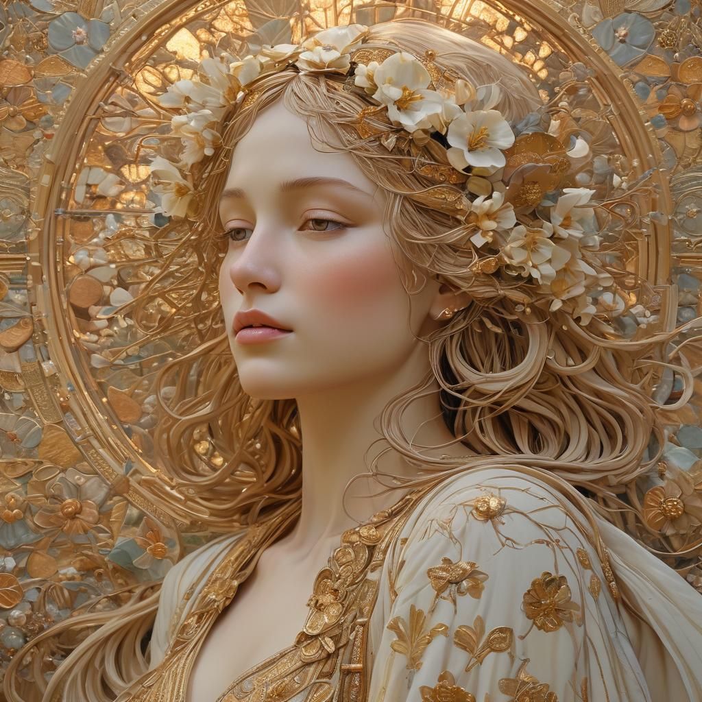 Art Nouveau Summer Goddess Portrait with Gold Accents