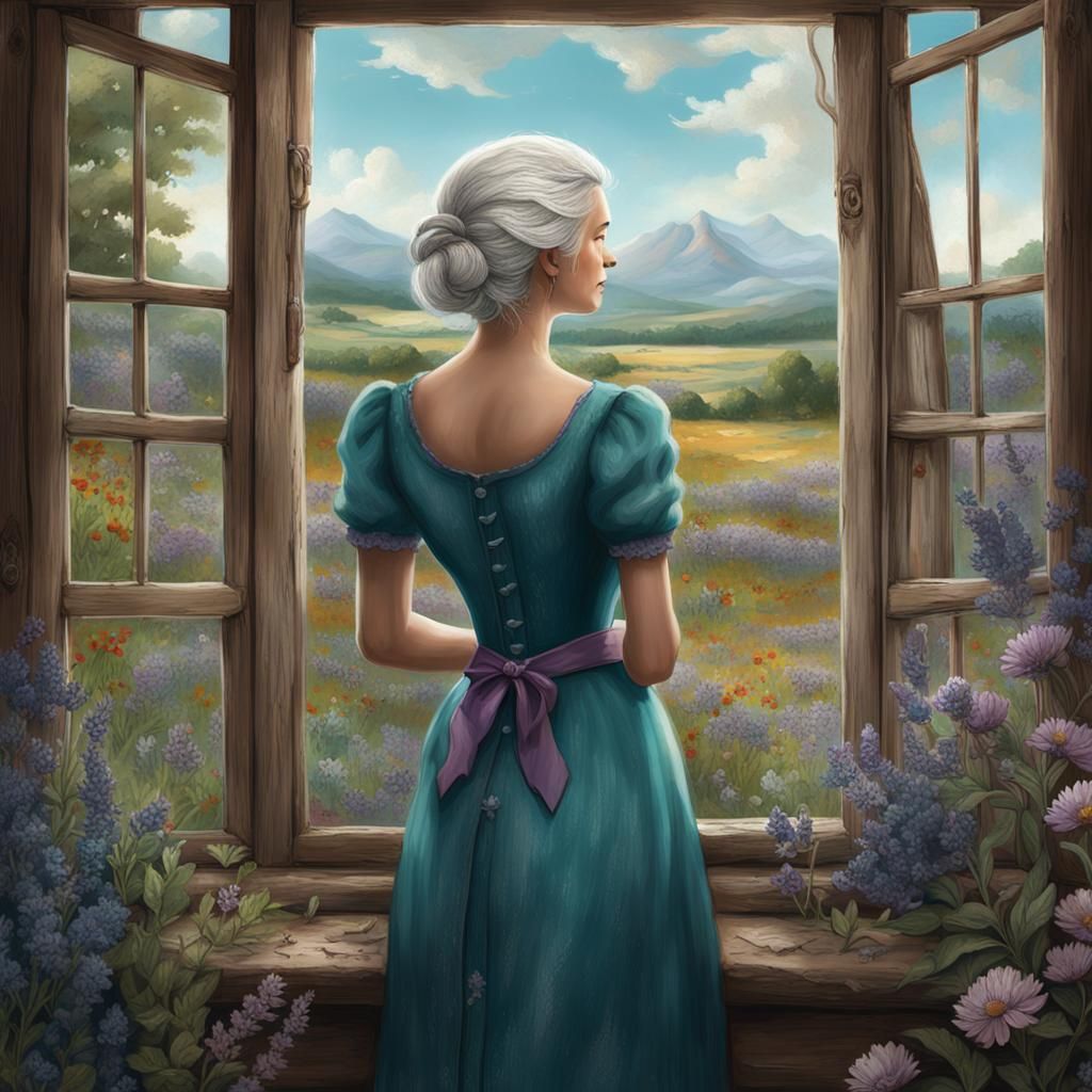 Voluptuous Lady Overlooking a Wildflower Garden