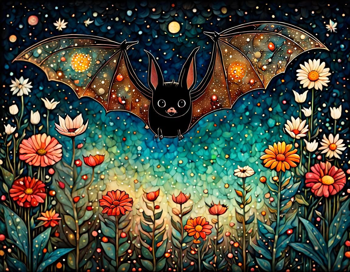 Cute Bat in Night Garden, Folk Art Style