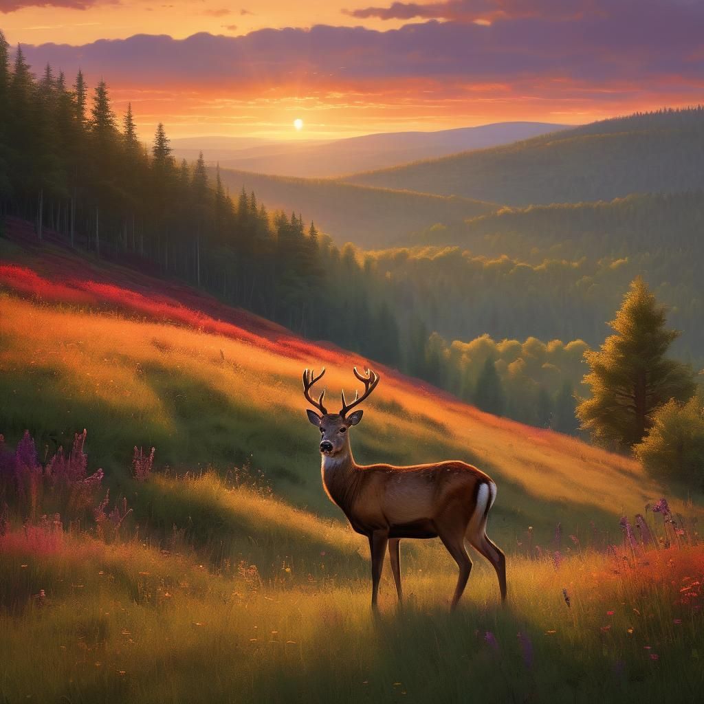 Deer Gazing at Sunset in Golden Meadow