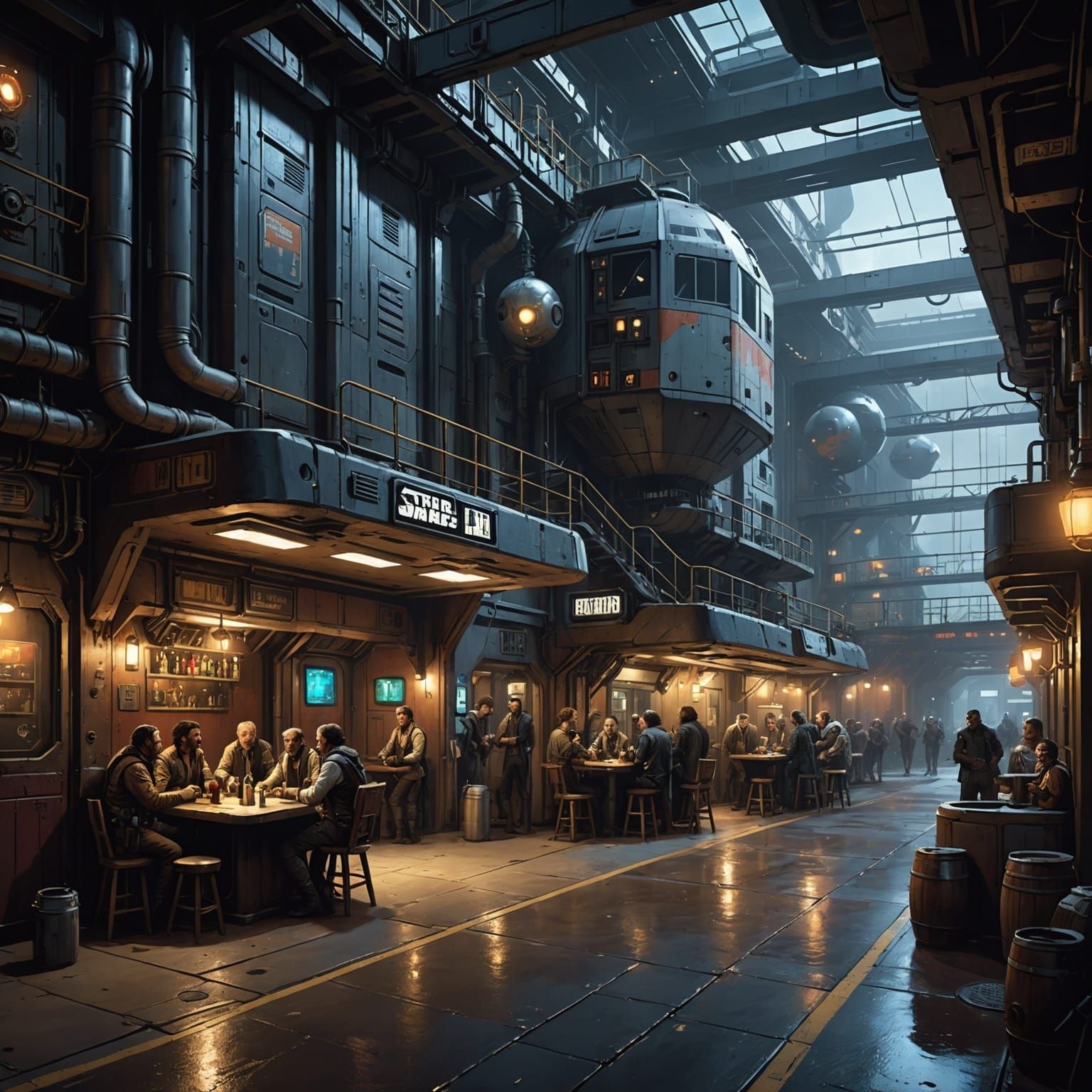 Bustling Alien Spaceport Tavern in Gritty Sci-Fi Style