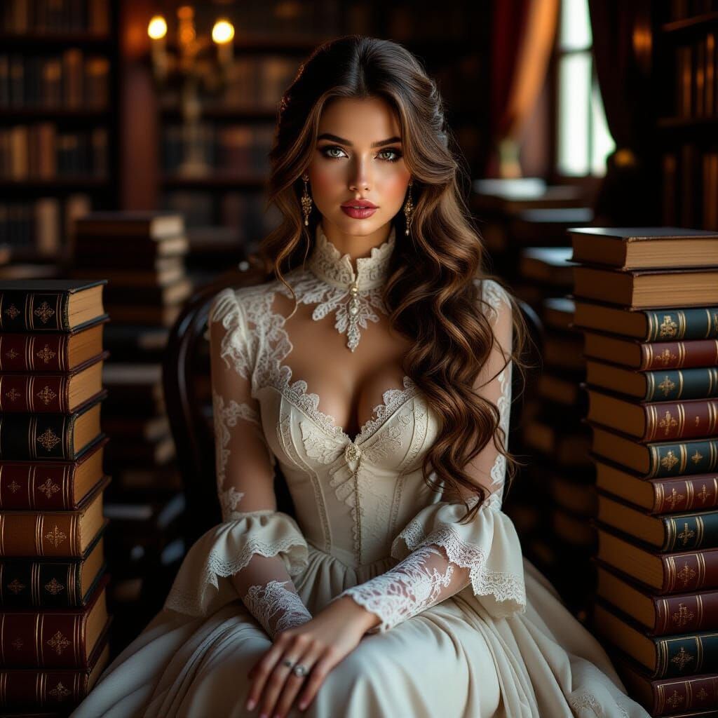 Elegant Woman in Library: Hyperrealistic Dark Romanticism