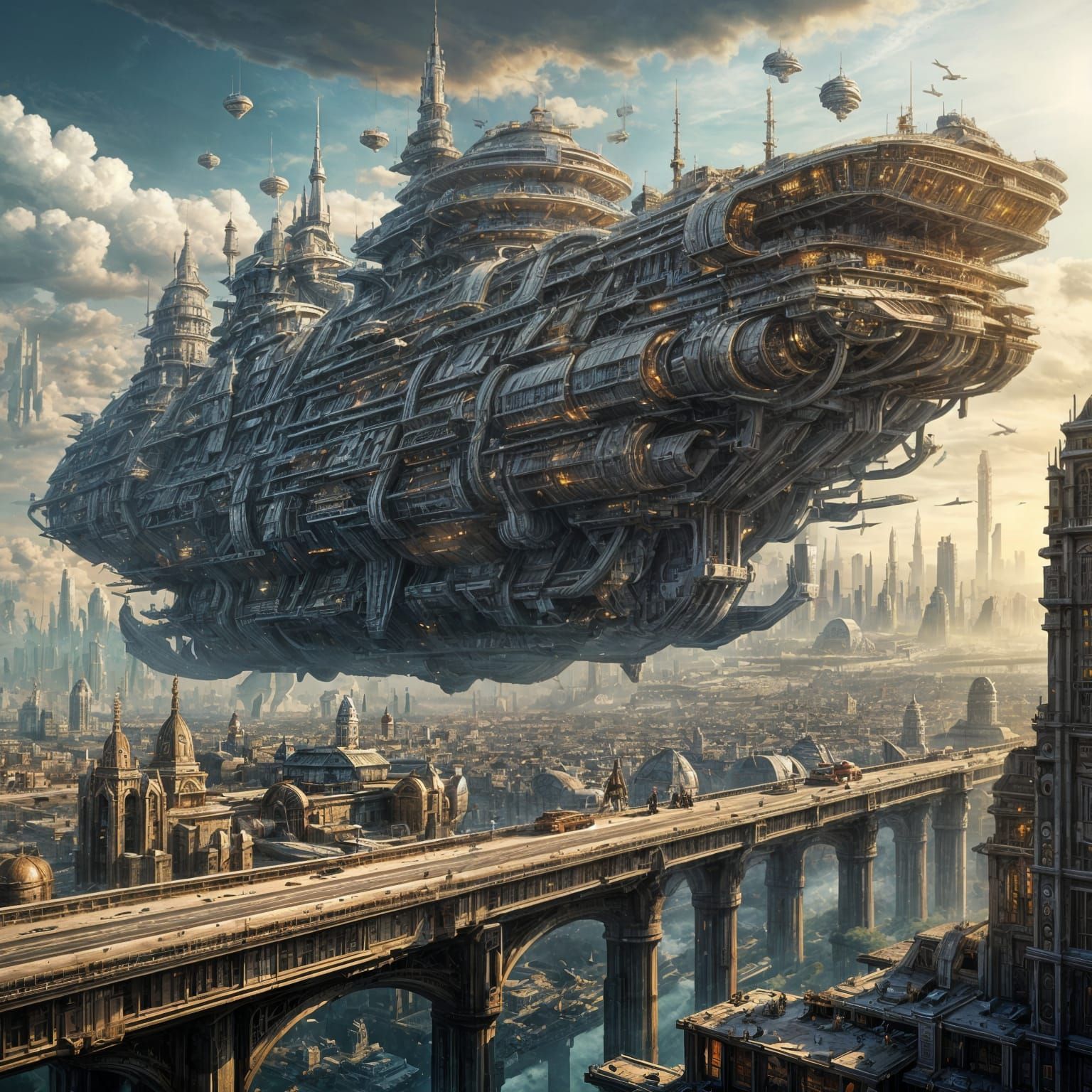 Surreal Sci-Fi Cityscape with Colossal Ship