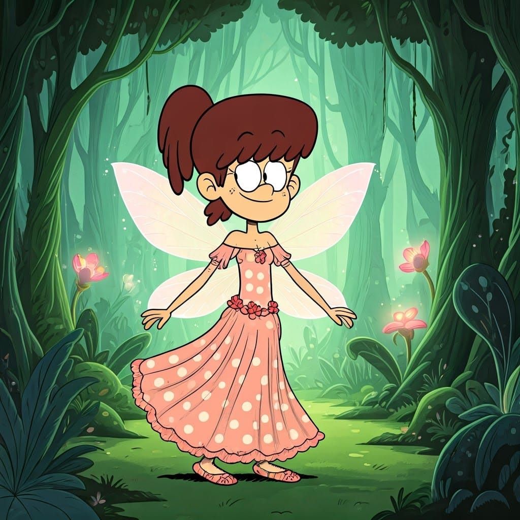 Imagine Lynn Loud from The Loud House as a lotus fairy, twirling gracefully in a magical forest, wearing a polka-dotted ...