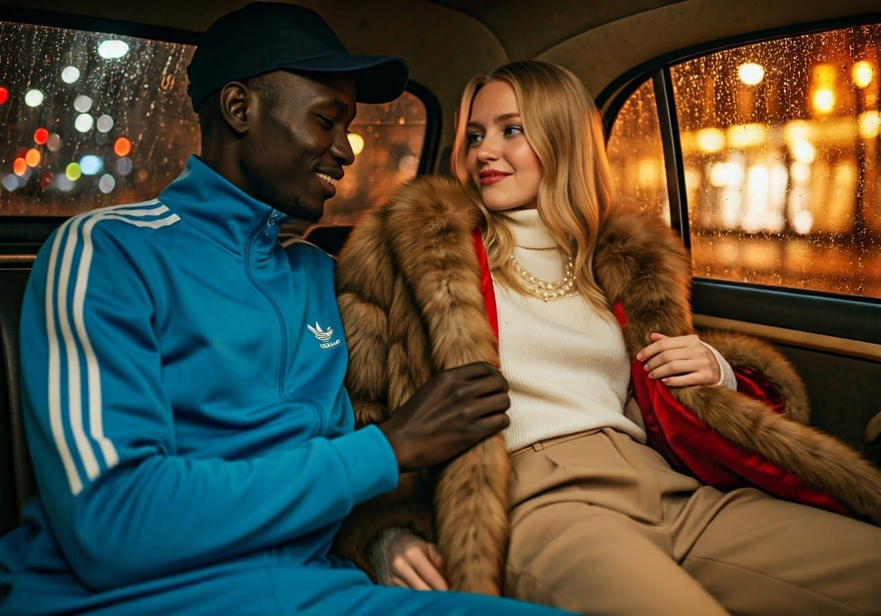 Elegant Danish Woman in Parisian Taxi with Sudanese Refugee