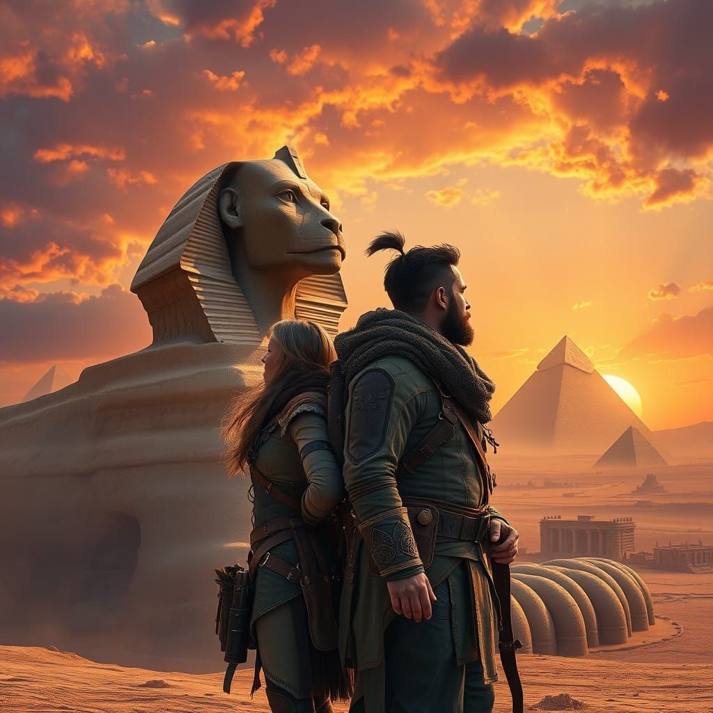 Ethereal Adventurers Gaze Upon Ancient Sphinx in Desert Land...