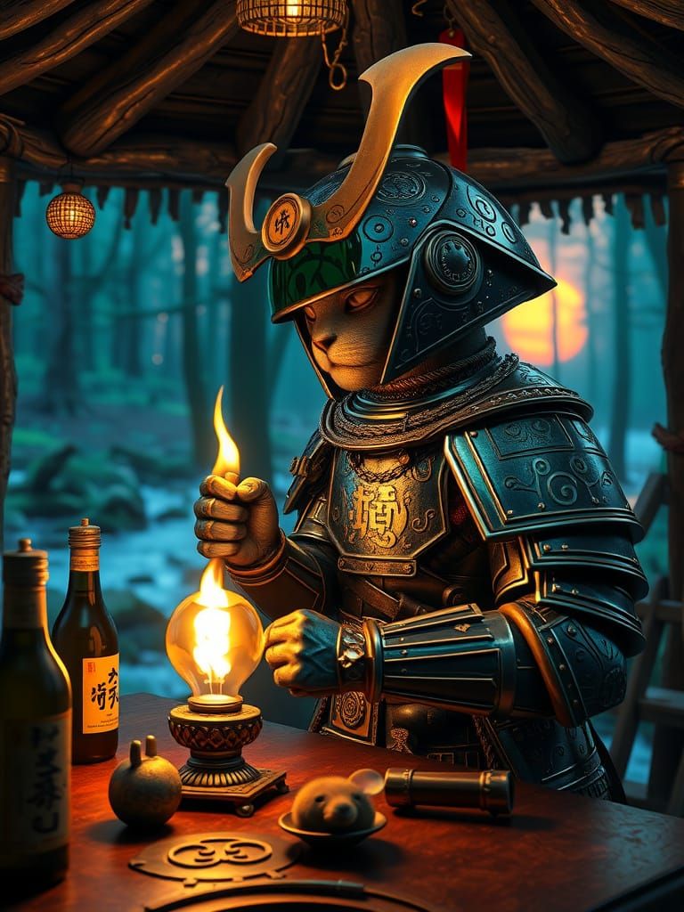 Steampunk Samurai Robot Cat Sharpening Katana in Ukiyo-e Sty...