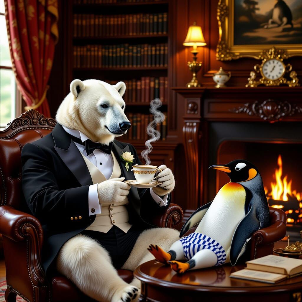 Polar Bear in Tuxedo Serves Tea to Penguin in Rococo Style