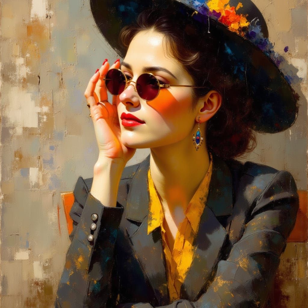 Classical Oil Portrait of Elegant Woman with Glasses