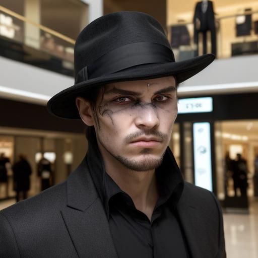 Mysterious Man with Black Hat in Mall