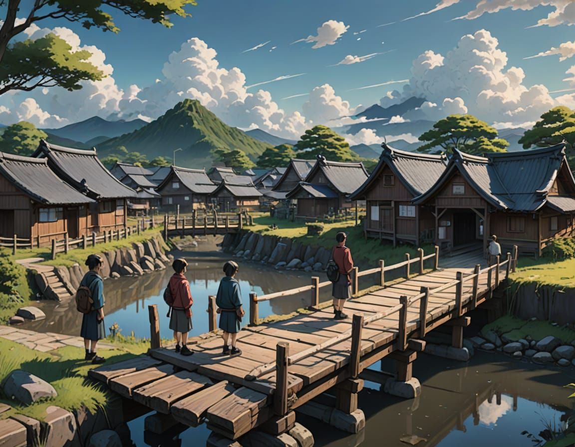 Worried Villagers by Broken Bridge in Traditional Japanese V...