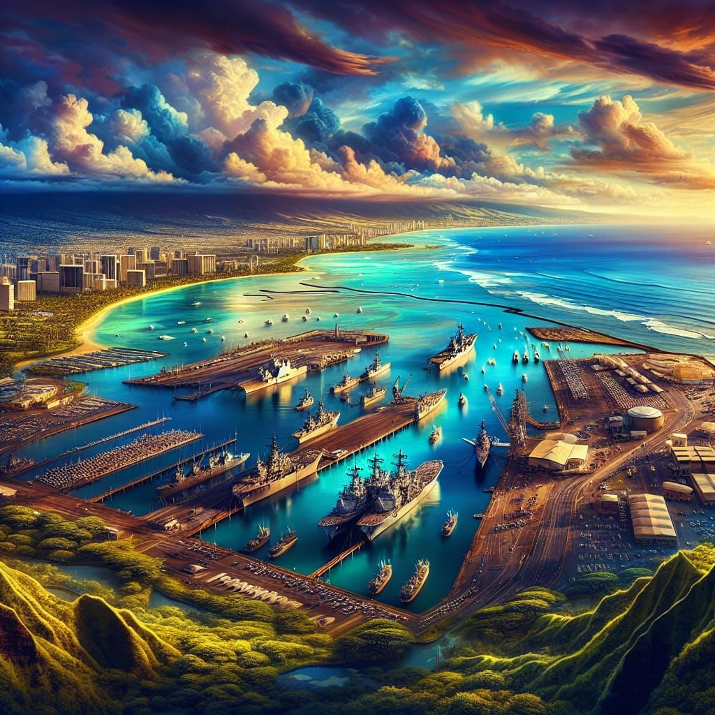 Detailed Painting of Pearl Harbor Naval Base in Hawaii