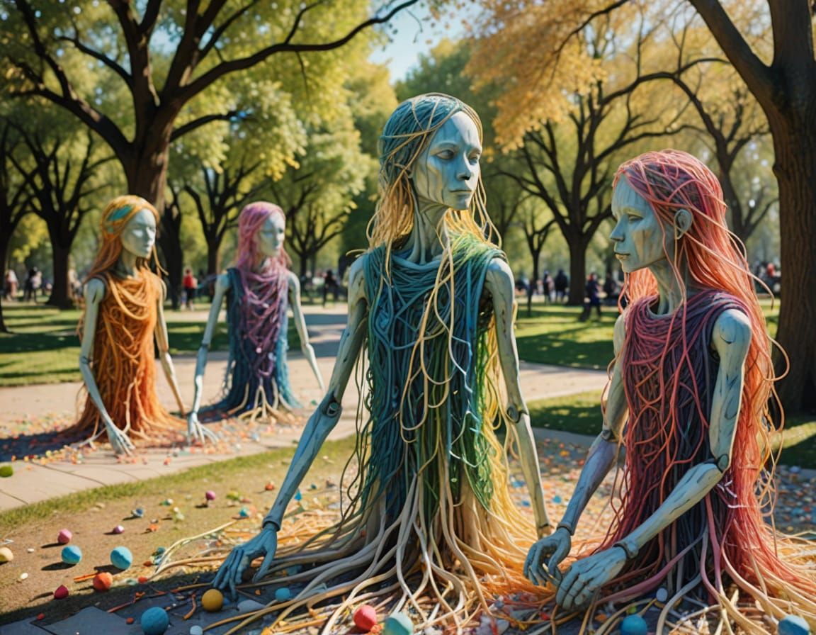Surreal Toothpick Beings Play in Park, Watercolor Style