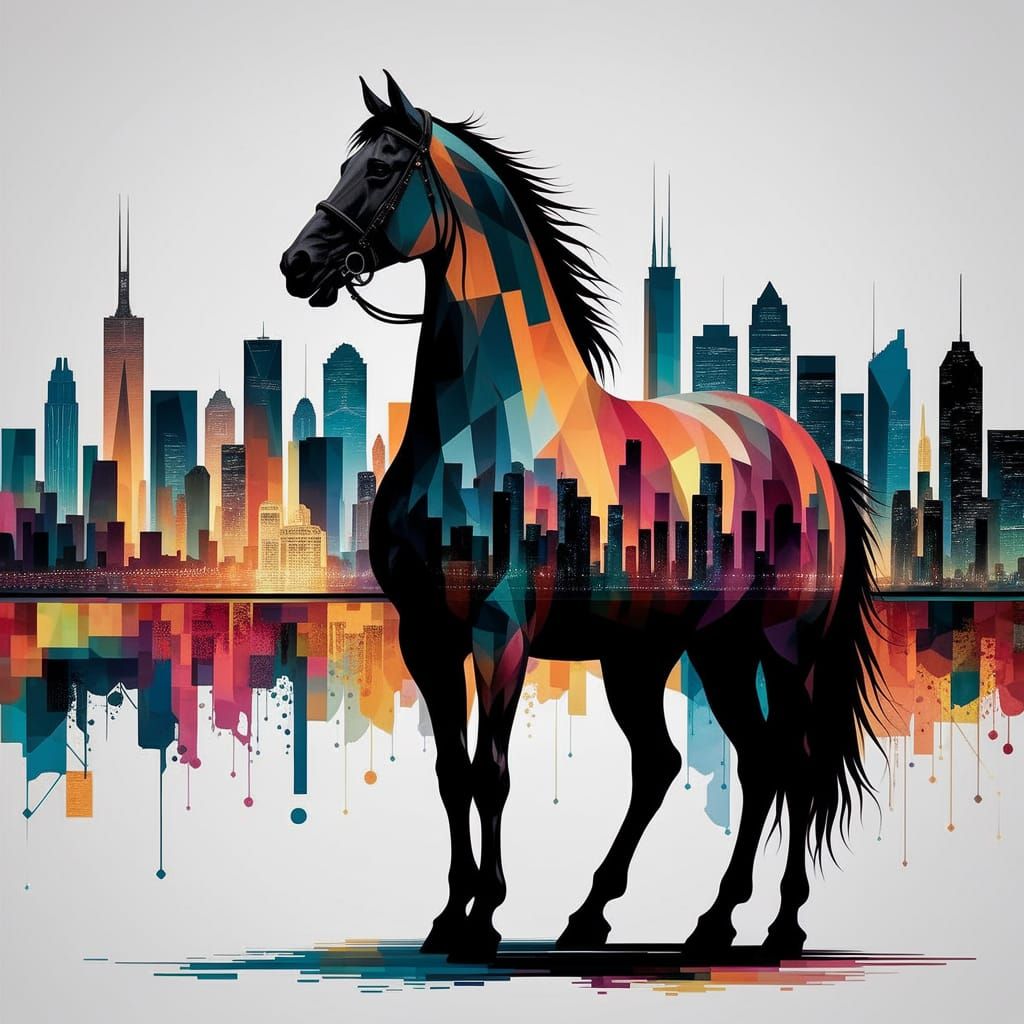 Majestic Horse Against City Skyline in Mixed Media Style