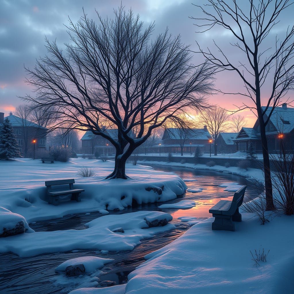 Winter Twilight Scene Beside Frozen Stream