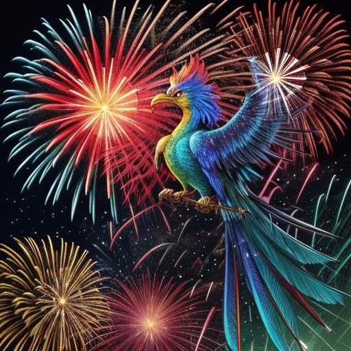 Anime Phoenix Rising from Ashes with Fireworks