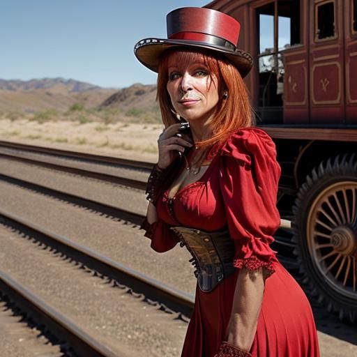 Mylene Farmer in Red Dress with Steampunk Engine