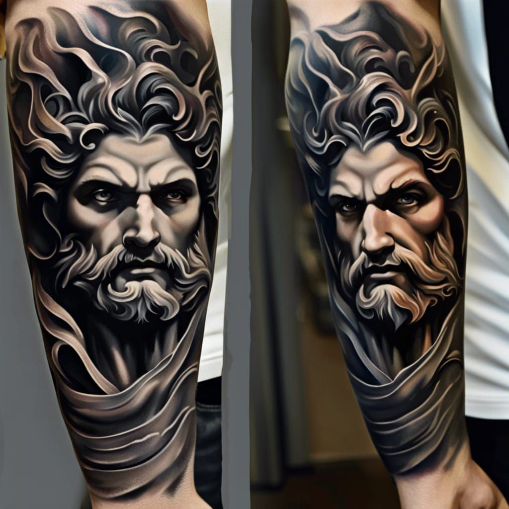 Intricate Arm Tattoo: Intimidating Greek God in Dark Art Sty...