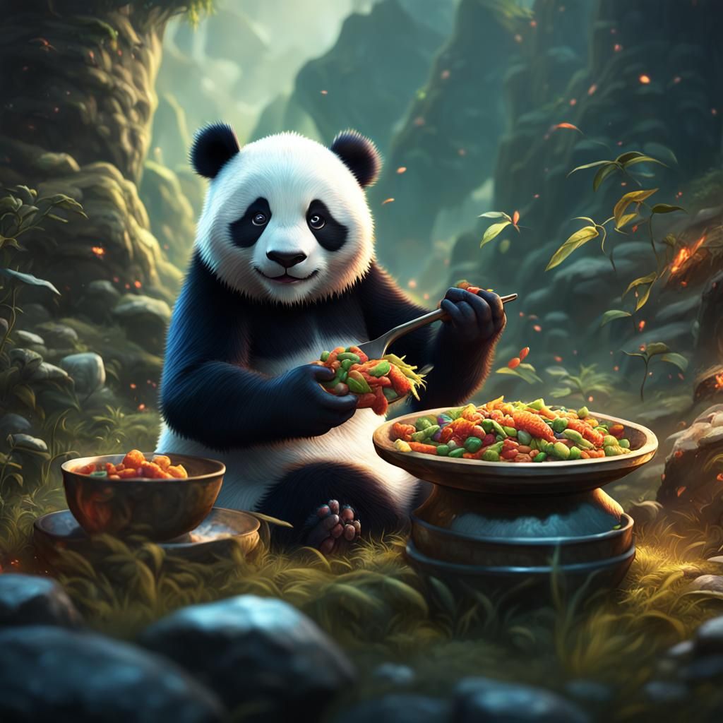 Cute Panda Eating, Detailed Matte Painting