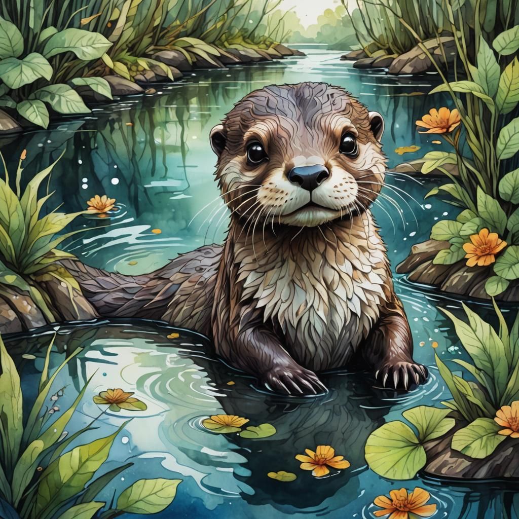 Charming Otter on Riverbank in Watercolor Gouache Style