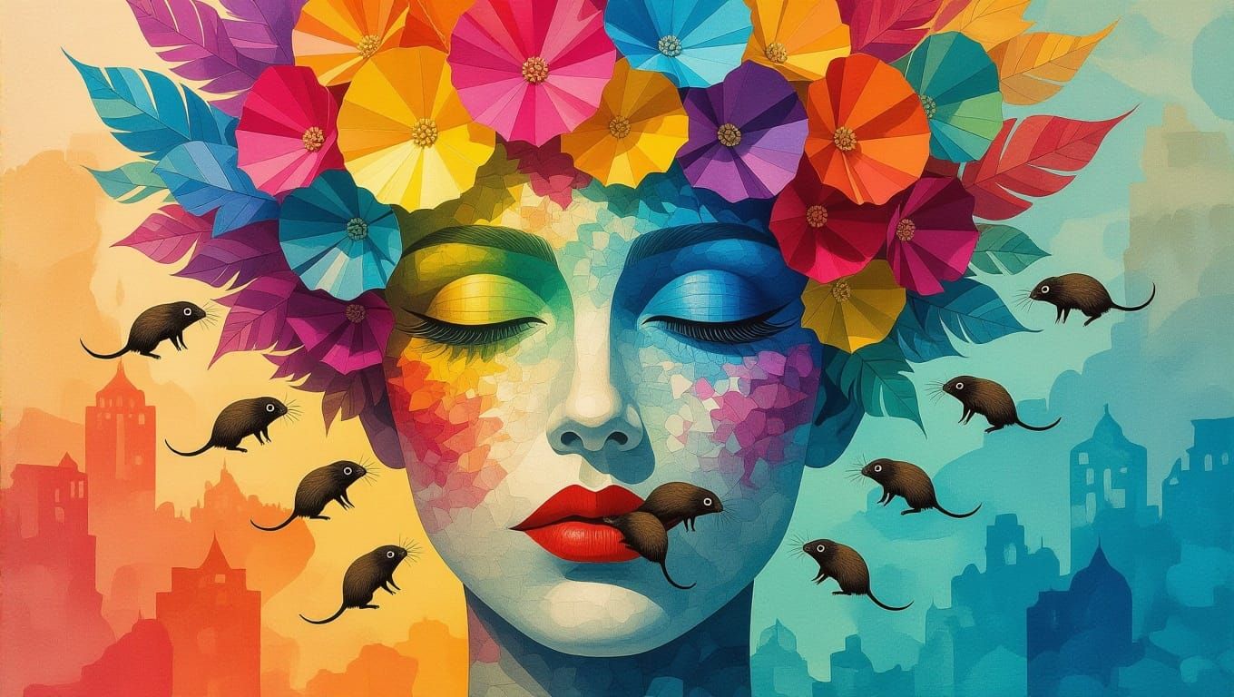 Dreamlike Abstract Face with City Hair and Lemmings