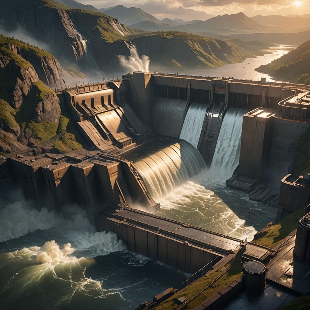 Epic Sci-Fi Dam at Golden Hour