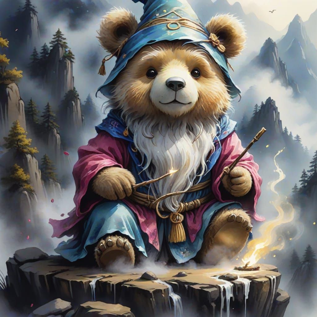Teddy Bear Wizard Casts a Spell as Ink Painting