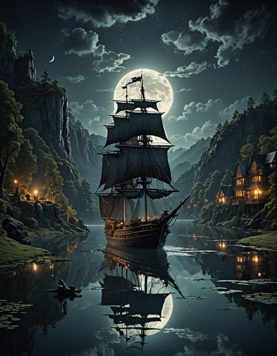 Moonlit Ship on Mirror Lake: Digital Matte Painting