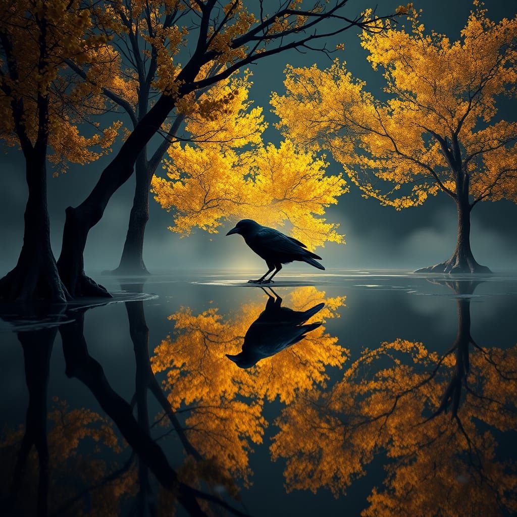 Raven Reflection: A Digital Painting in Fantasy Style