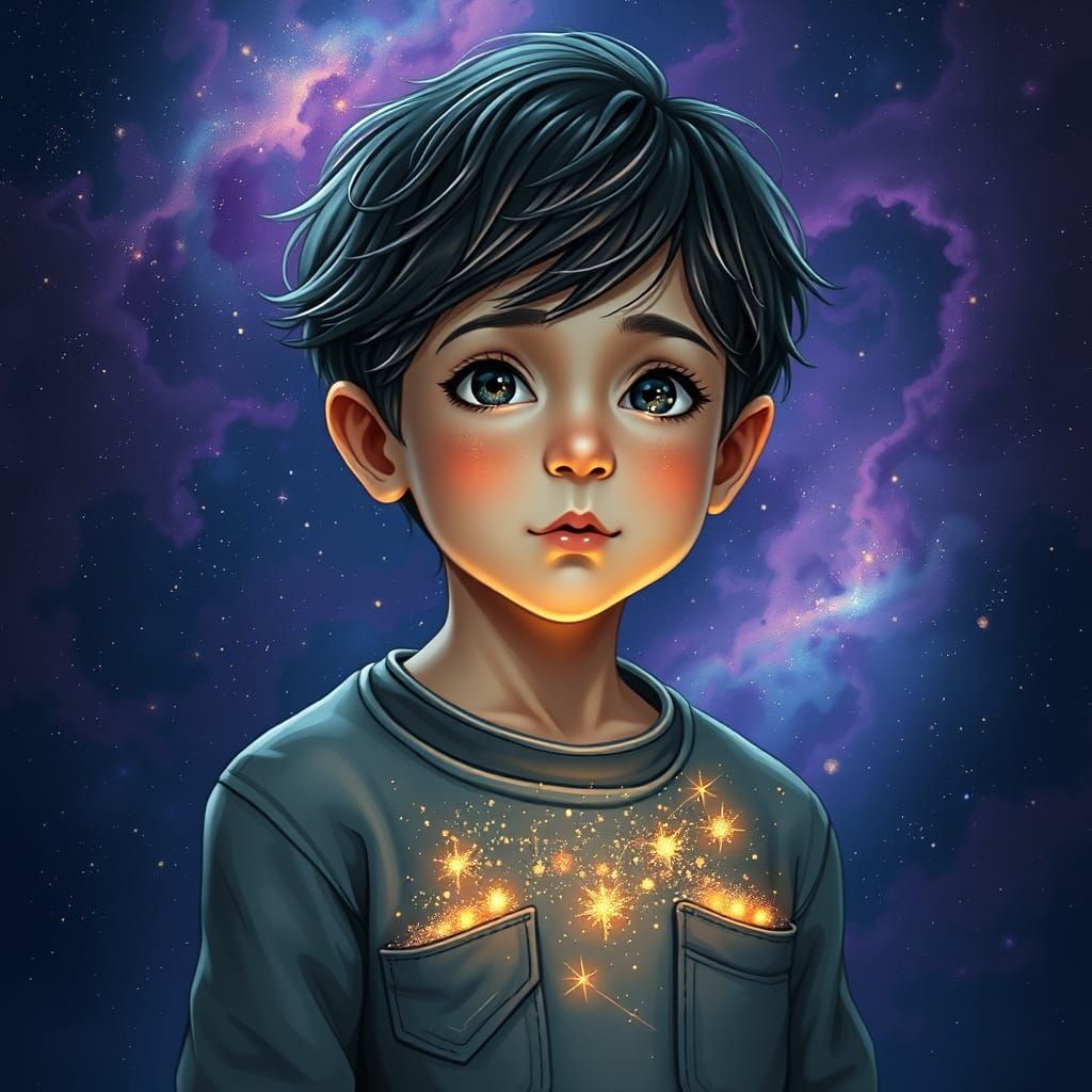 Boy With Stardust Pockets in Cosmic Nebula