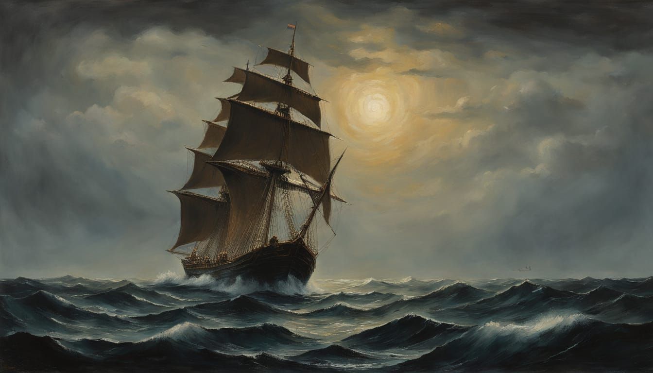 Moody Romanticism-Inspired Oil Painting of a Lone Ship at Se...