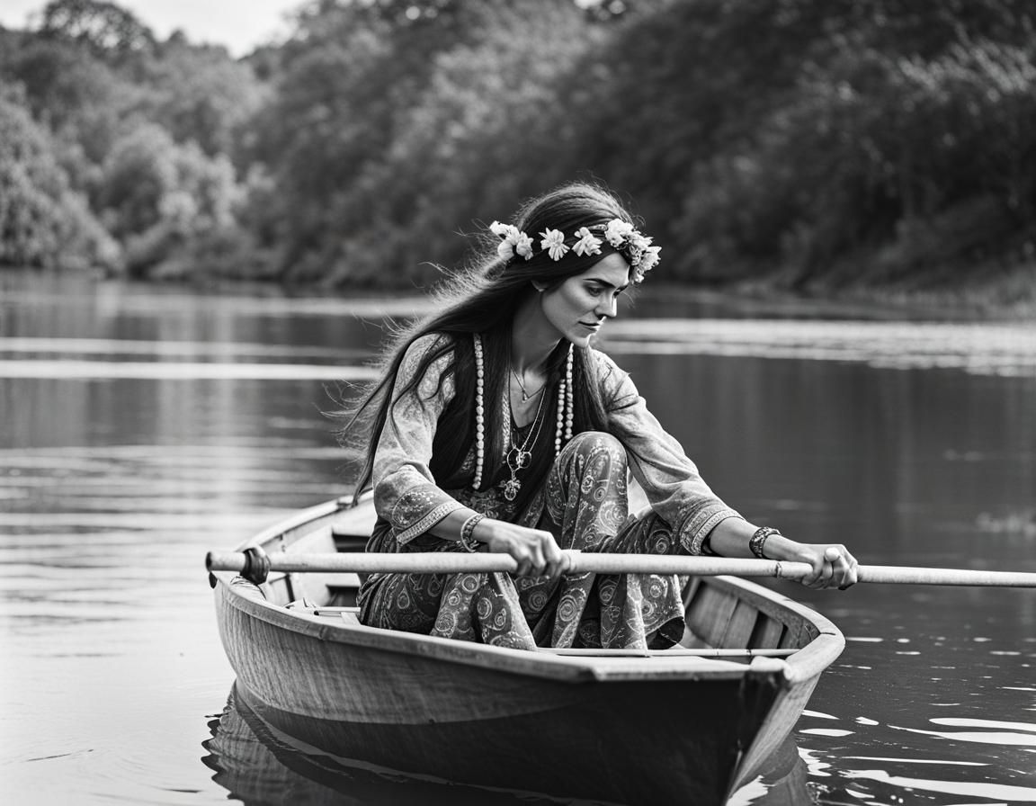 Woman in Hippie Clothes Rowing a Boat