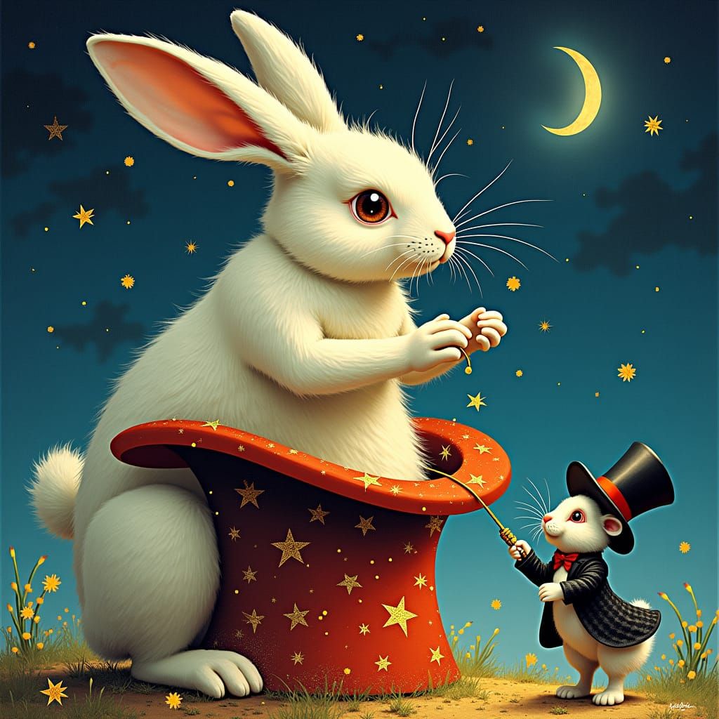Giant Rabbit Magician in Dreamy Surrealist Style