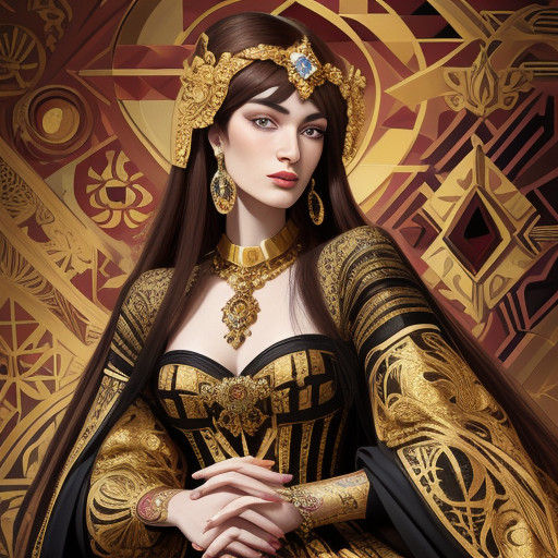 Luxurious Medieval Courtesan in Geometric Art Deco Style