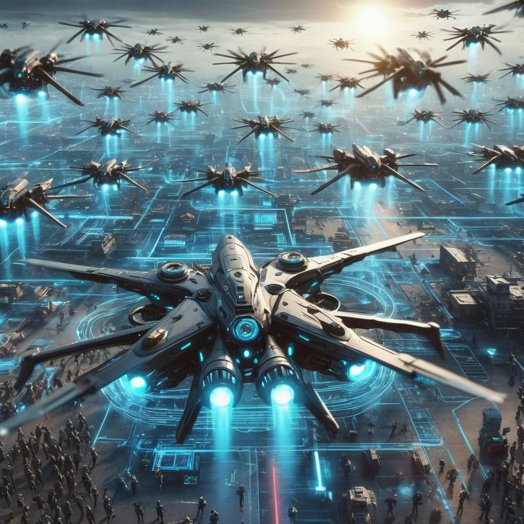 A swarm of highly advanced autonomous drones flying in perfe...