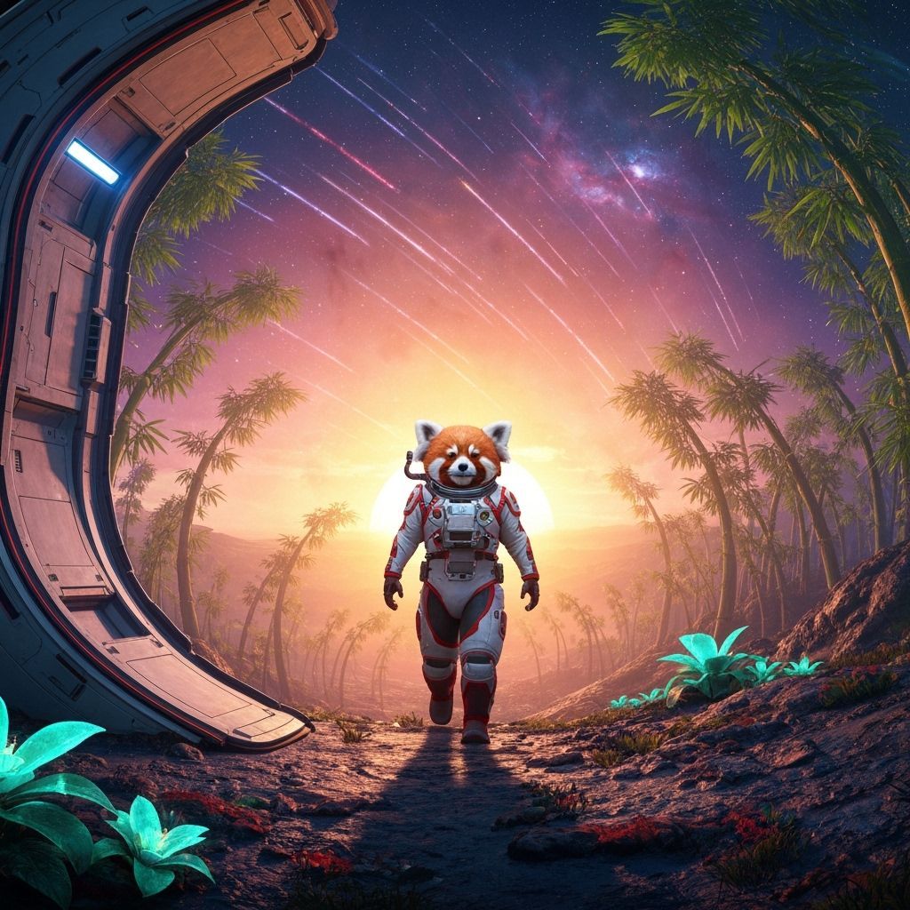 Red Panda Astronaut on Alien Bamboo Planet