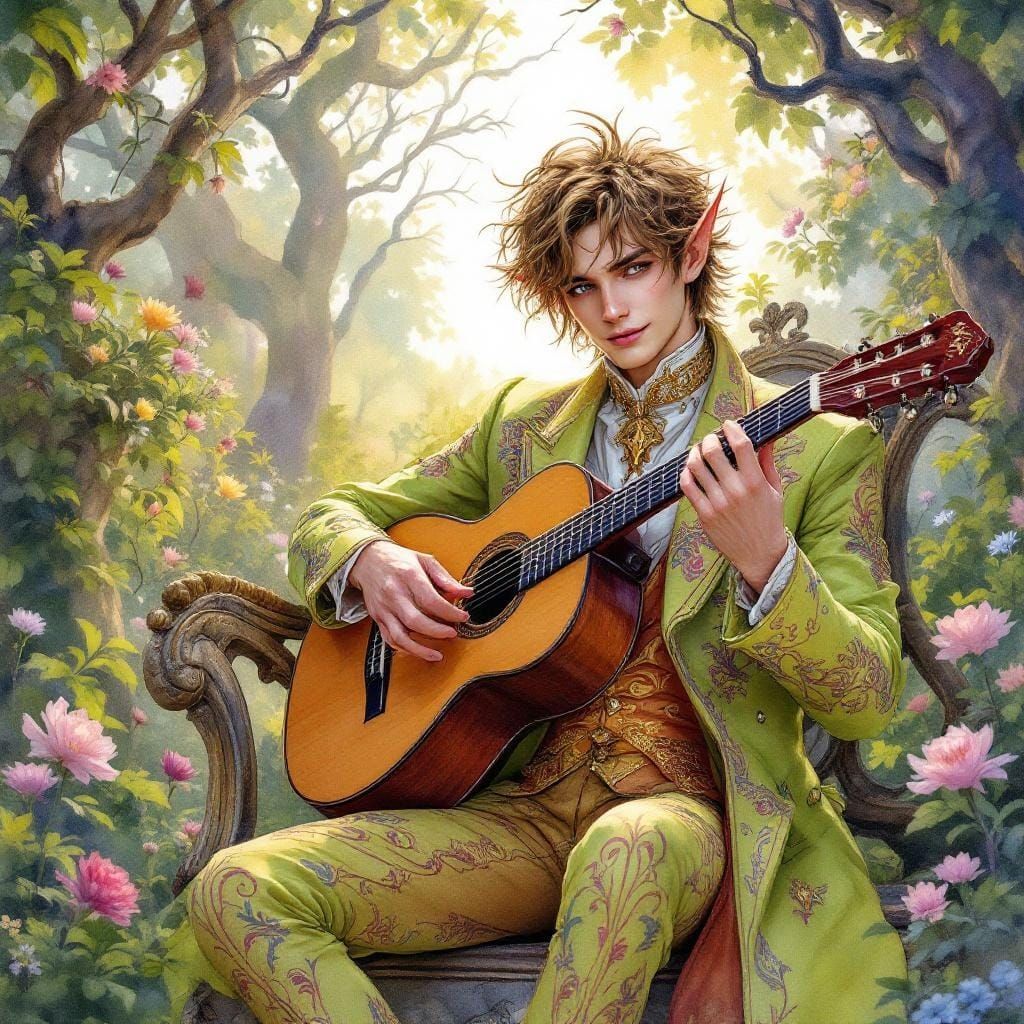 Gay Elf Guitarist in Rococo Garden Watercolor