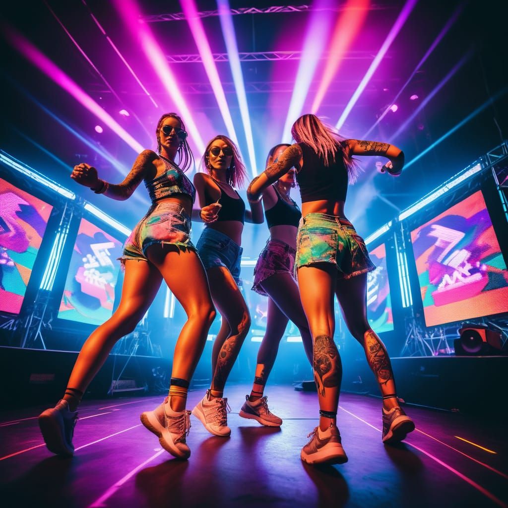Women Dancing at Electronic Music Festival in Digital Art St...