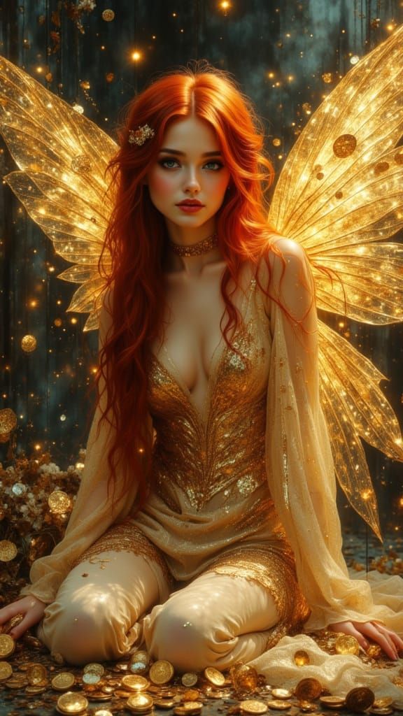 Fantasy Woman with Fairy Wings in Lace Gold Dress