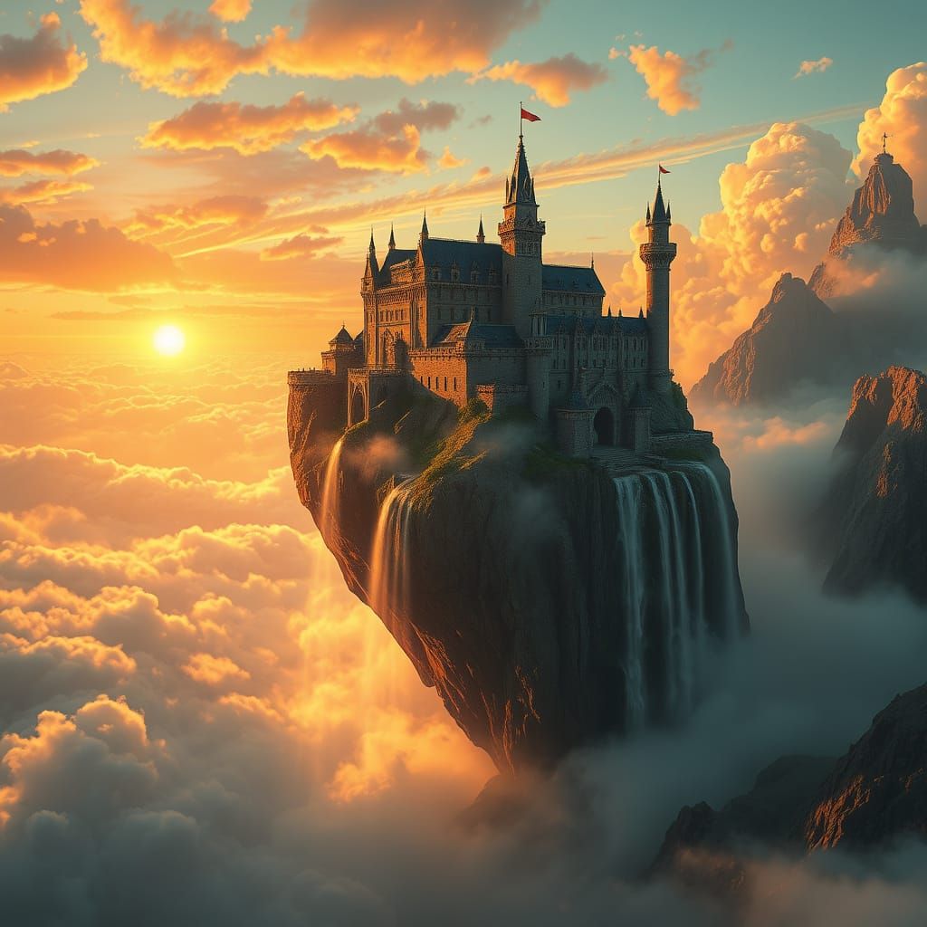 Ancient Castle on Floating Rock at Sunrise