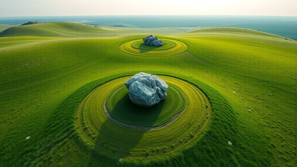 Vast Green Plain with Rock in Sharp Daylight
