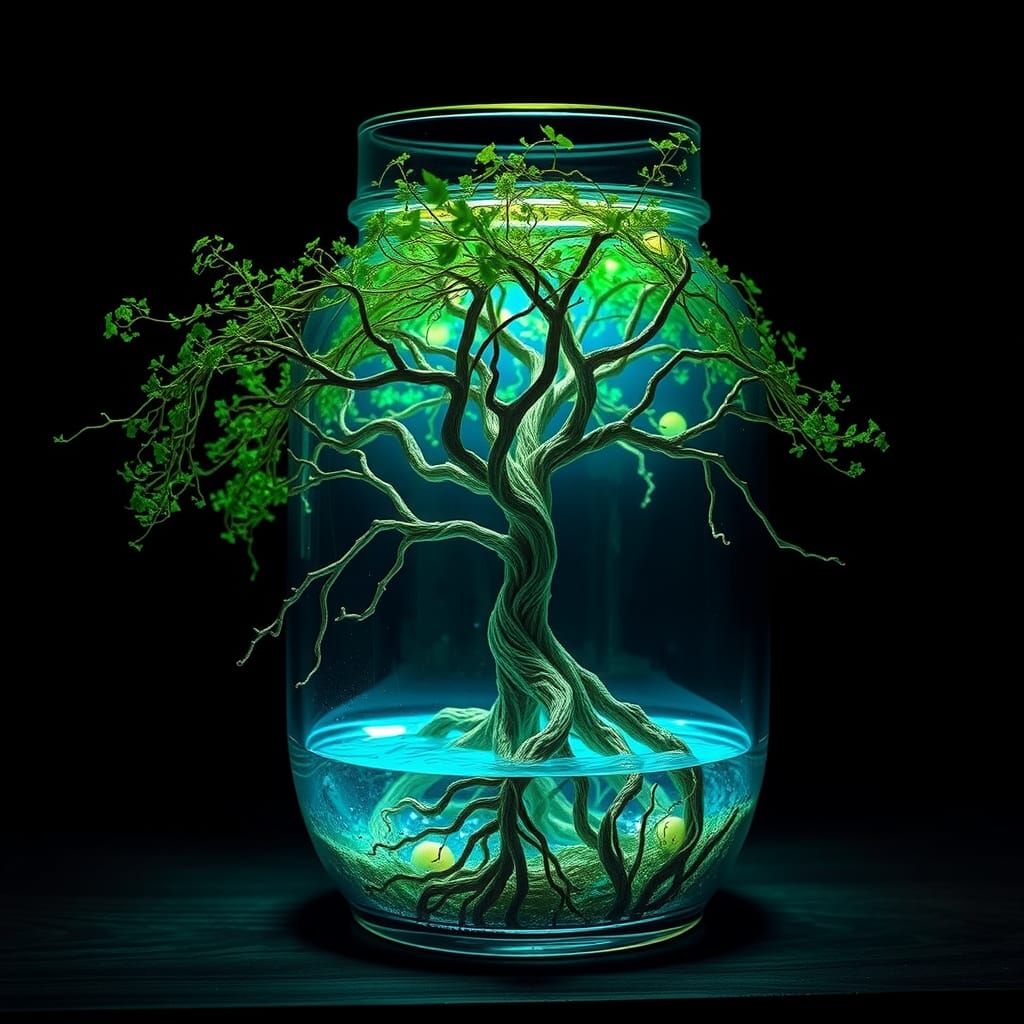 Tree in Blue Liquid Glass Container