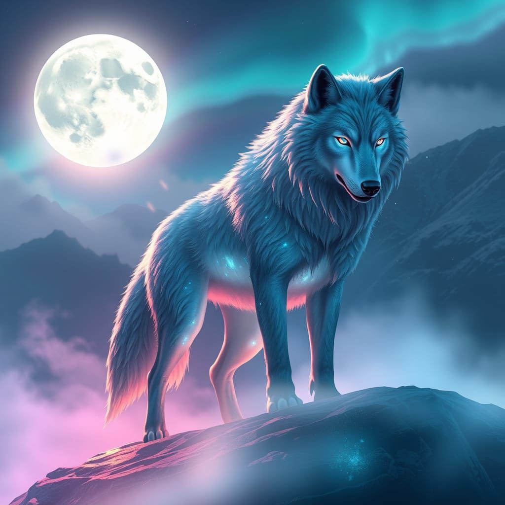 Moonlit Wolf in Ethereal Landscape