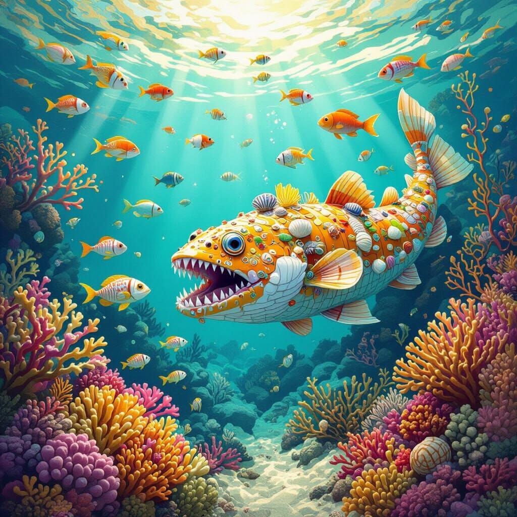 Whimsical Fish School Mimics Moray Eel on Vibrant Coral Reef