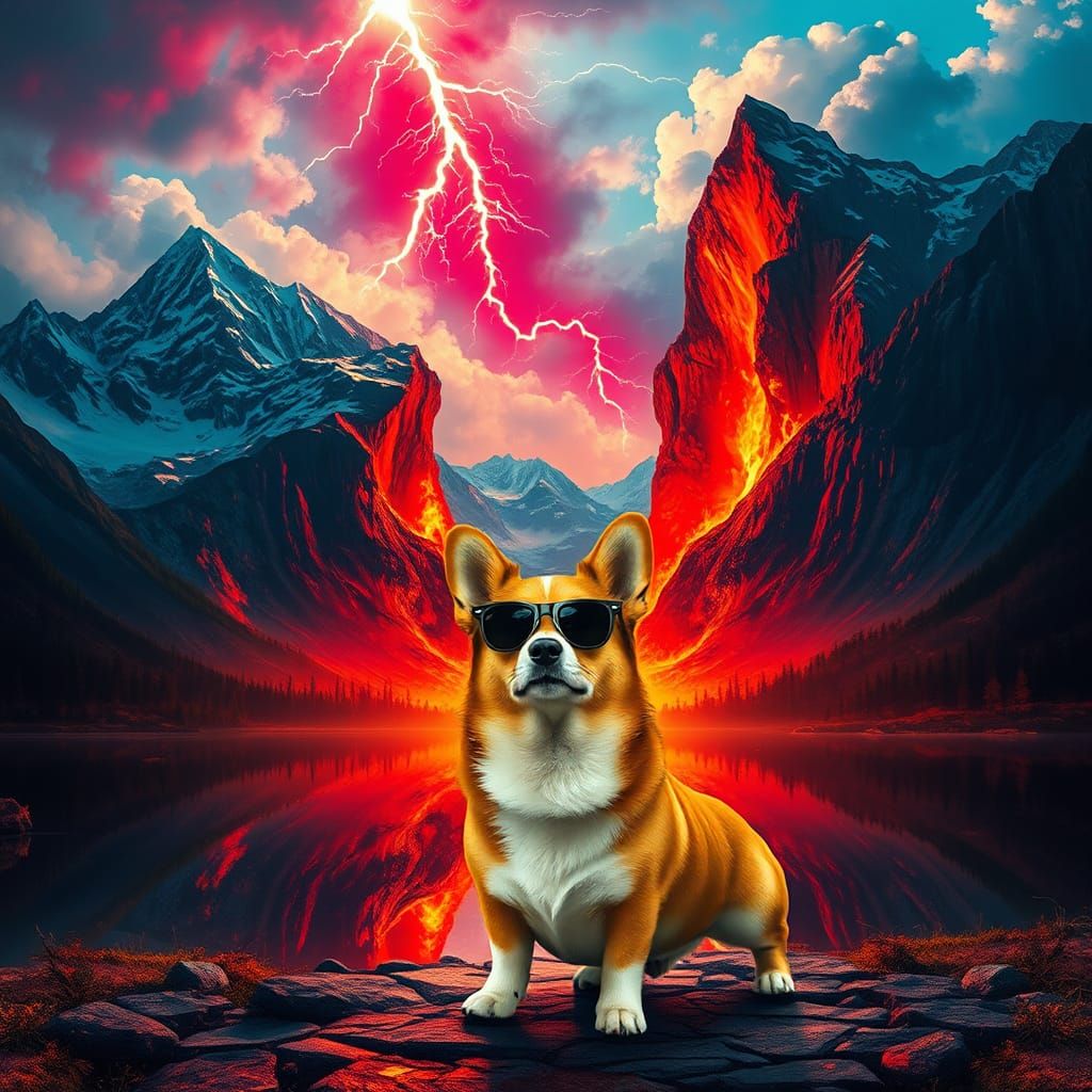 Fiery Mountain Split by Lightning with Corgi, Graffiti Art