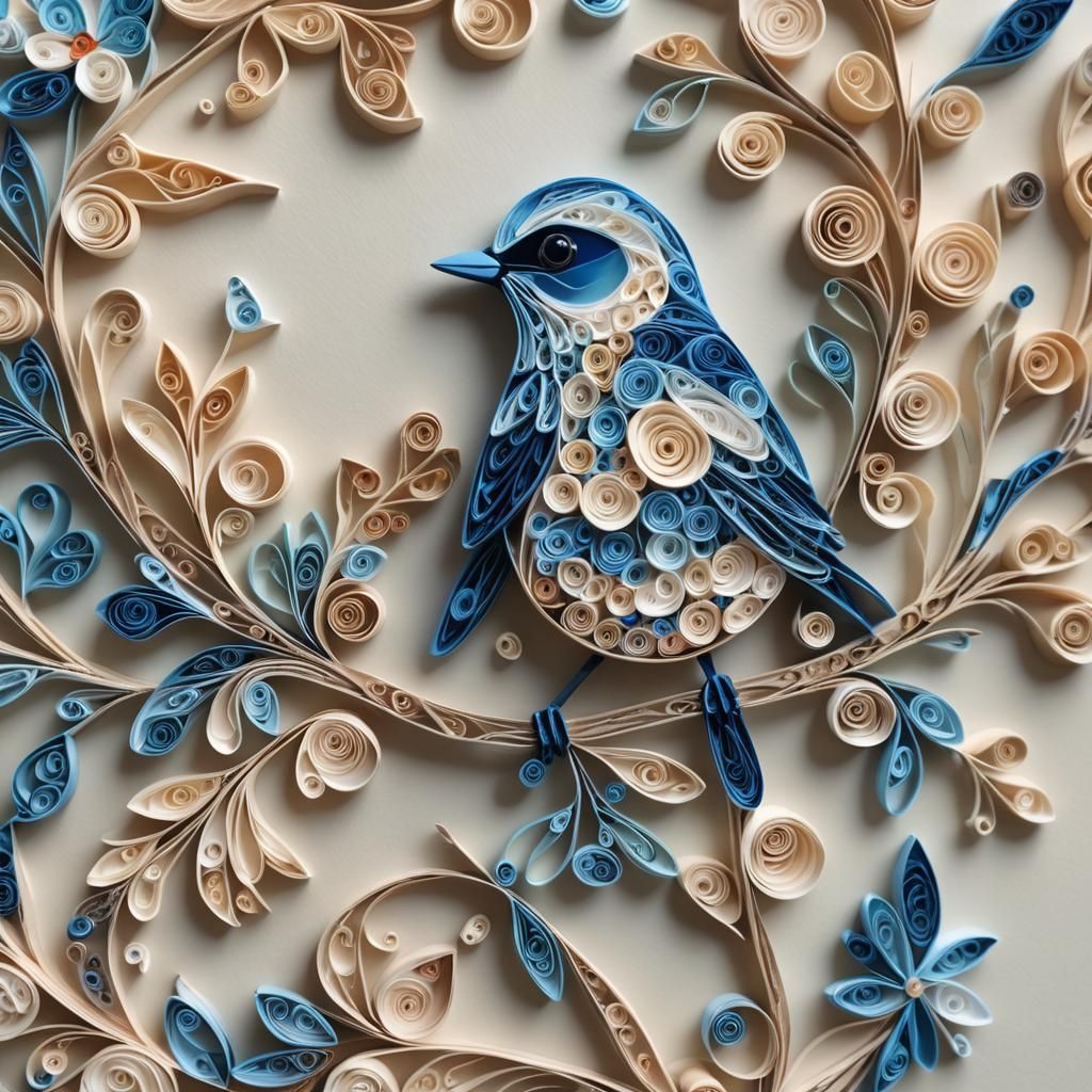 Intricate Quilled Paper Blue Bird Close-Up