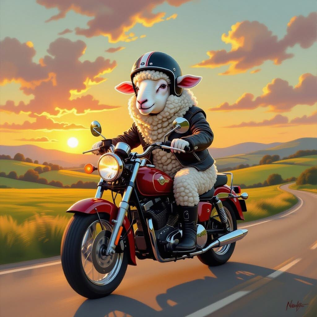 Whimsical Sheep Rider on Vintage Motorcycle at Sunset