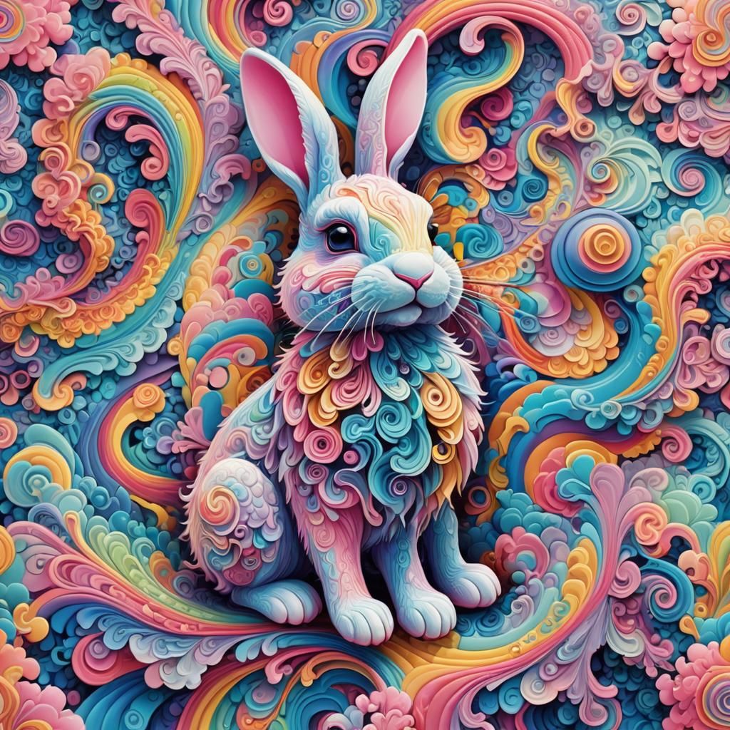 Rainbow Bunny on Fractal Carpet: 3D Vector Art